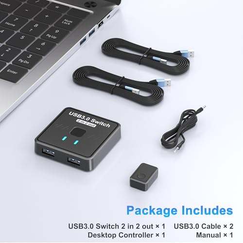 USB 3.0 Switch 2 in 2 Out, USB Switcher 2 Computers Sharing Keyboard and Mouse Printer Scanner Webcam, Printer Splitter for 2 PC, 2 Port USB-A Selector Switch with 2 USB Cables and Desktop Controller