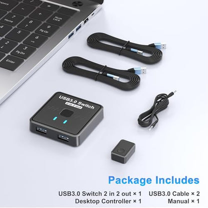 USB 3.0 Switch 2 in 2 Out, USB Switcher 2 Computers Sharing Keyboard and Mouse Printer Scanner Webcam, Printer Splitter for 2 PC, 2 Port USB-A Selector Switch with 2 USB Cables and Desktop Controller