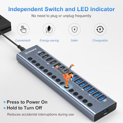 Powered USB 3.2 Hub, 16 Ports Powered USB Hub with 10Gbps Data Speed, USB Hub (8 USB-A 3.2 Ports+8 USB-C 3.2 Ports) with 96W Power Adapter for PC/Laptop, Computer, Flash Drive, Printer, Camera