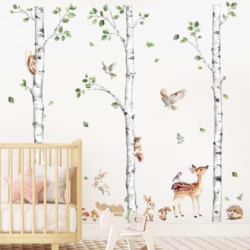 Large Birch Tree Wall Decals Forest Animal Stickers | Deer Rabbit Squirrel Owl Vinyl Wall Art Sticker Peel and Stick Decal for Baby Nursery Kids Room Home Decor (H: 60.2 In) - style: H60.2" White