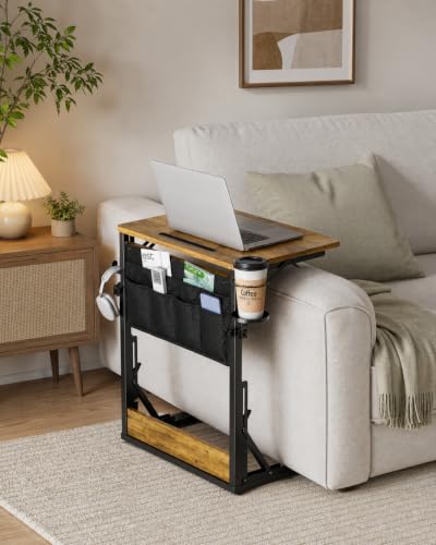 HUANUO Adjustable TV Tray Table – Easy Assembly Folding Desk with Cup Holder, Storage Bag & Tablet Slot, Height Adjustable TV Tray for Bed, Couch & Living Room with Space-Saving Design