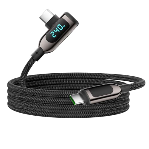 240W USB C to USB C Cable Right Angle Cable[6.6FT], Fits for 140W/100W Fast Charger, Nylon Braided Type-C Charging Cord with LED Display for iPhone 16/15 Galaxy S25Ultra S24 iPad MacBook - size: 6.6FT