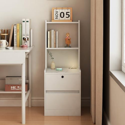 Modern Smart Nightstand with Night Light & Charging Station, Night Stand with Bookshelf, Lockable Bedside Cabinet Tables with 2 Storage Drawers for Bedroom Home Office - color: White