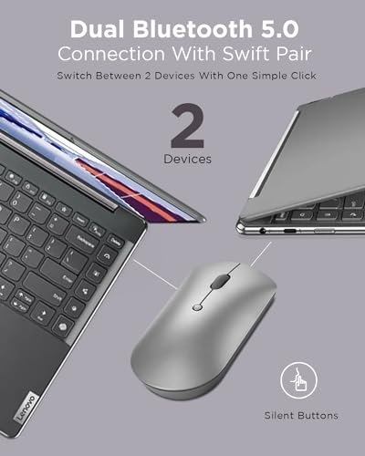 Lenovo 600 Bluetooth Silent Mouse, Blue Optical Sensor, Adjustable DPI, 4 Button, Microsoft Swift Pair, Windows, Chrome, GY50X88832, Gray - color: Gray