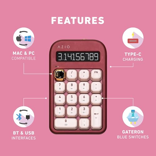 AZIO IZO Wireless Mechanical Calculator & Number Pad (Red/Gold) - Bluetooth 5.0 & USB, Gateron-Blue Mechanical Switch, 9 Backlight Modes, Rechargeable, PC & Mac Compatible, Baroque Rose (IN106) - color: Baroque Rose