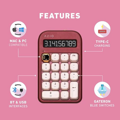AZIO IZO Wireless Mechanical Calculator & Number Pad (Red/Gold) - Bluetooth 5.0 & USB, Gateron-Blue Mechanical Switch, 9 Backlight Modes, Rechargeable, PC & Mac Compatible, Baroque Rose (IN106) - color: Baroque Rose