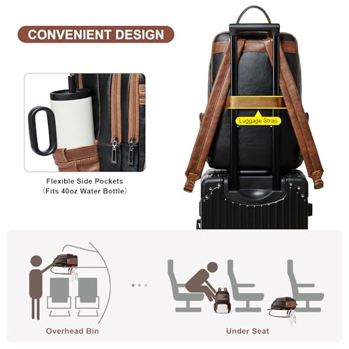 Shrrie 17 Inch Laptop Backpack for Women,Vegan Leather Backpack Purse,28L Work Business College Travel Computer Backpacks with Giant Tumbler Holder & USB Charger,Black and Beige with Caramel Brown - color: Black and Beige With Caramel Brown