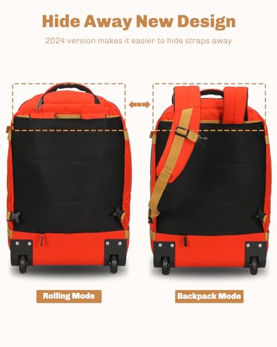 Hynes Eagle Rolling Backpack 42L Backpack with Wheels Airline Approved Carry on Luggage Laptop Travel Suitcase Bag for Women Men Orange - color: Orange