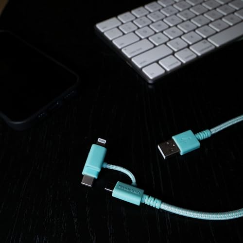 Smartish USB-C/Lightning Cable 17/16/16e/15/14 - Crown Joule - 6Foot Universal Fast Fabric Wrapped Charging Cable w/Micro-USB - MFi Certified 13/12/SE/iPad/AirPods/Android - Green - color: Teal Me More, size: USB to USB-C/Lightning/Micro