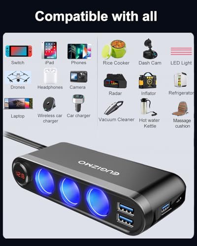 7 in 1 Cigarette Lighter Splitter, 200W Car Charger Plug Adapter | 1x PD30W USB-C, QC3.0 18W and 3x 2.4A USB Ports for iPhone RVs Boats Pair with Master Switch with LED Voltage Display