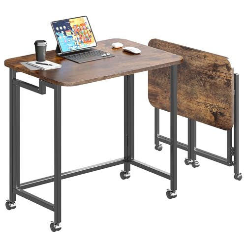 JSB Folding Desk for Small Spaces,Mobile Portable Rolling Laptop PC Table on Wheels,Foldable Computer Desk for Home Office,Bedroom,Dorm,Space Saving (Rustic & Brown, 27.6") - color: Rustic & Brown, size: 27.6"