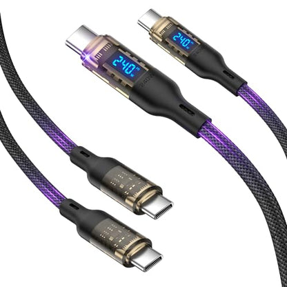 240W USB C to USB C Transparent Cable with LED Display Compatible with 140W 100W Fast Charging for MacBook Pro,lPhone 16/15/15Pro/15ProMax,Galaxy S23+/S23Ultra/S22,4ft 2Pack,Black - size: 4Ft 2Pack