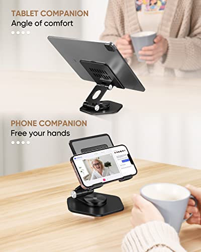 Tablet Stand, Aluminum Desktop Holder, Compatible with 5-12.9" iPad, Black | 360° Swivel Adjustable Viewing Angles; Sturdy All-Aluminum Design Improve heat dissipation; Foldable and Storage; - color: Black