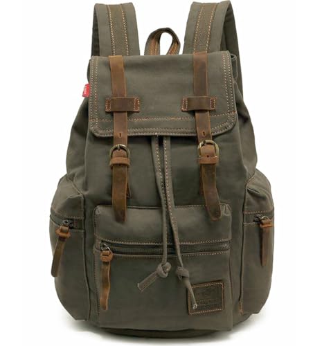 HuaChen Vintage Canvas Travel Backpack with Leather Trim, Laptop Padded Sleeve, Hidden Back Security Pocket, Fits 14-Inch, M32 Army Green - color: Army Green, size: Medium