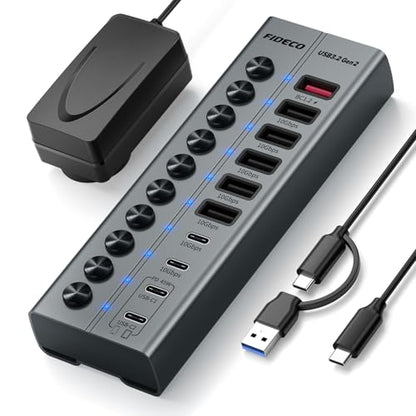 FIDECO 10-Port 72W Powered USB Hub, USB C Hub with 1 BC1.2, 2 PD 45W Charging Ports, and 7 USB 3.2 Ports (5 USB-A + 2 USB-C), Aluminum 10Gbps USB Hub for Laptop, PC, MacBook, iPhone 17/16/15, Grey