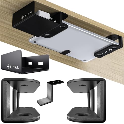 VI+AL Under Desk Laptop Mount - Hidden Metal Shelf with Side Storage - Installs with Tape & Screws - Fits Devices up to 1.7" Thick - Standard (No Hook or Cable Organizer) - style: Standard