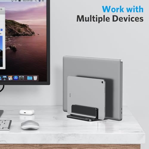 OMOTON Vertical Laptop Stand [Updated Double Version], Desktop Aluminum Mac Book Stand with Adjustable Dock Size, Fits All Mac Book, Surface, Chrome Book and Gaming Laptops (Up to 17.3 inch) (Black) - color: Black
