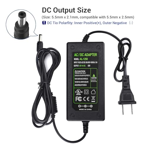 TOBWOLF DC 12V 5A Power Supply Adapter, AC 100-240V US Plug with 4.6FT Cord | 5.5x2.5mm DC Output Plug | Switching AC/DC Converter | Fits for LED Strip, Lights, CCTV & Security Cameras - size: 12V 5A