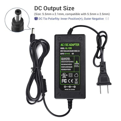 TOBWOLF DC 12V 5A Power Supply Adapter, AC 100-240V US Plug with 4.6FT Cord | 5.5x2.5mm DC Output Plug | Switching AC/DC Converter | Fits for LED Strip, Lights, CCTV & Security Cameras - size: 12V 5A