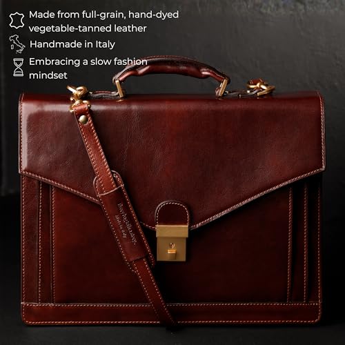Time Resistance Leather Briefcase for Men - Business Laptop Bag - Italian Handmade Leather Bag - Attache - Gift Box Included - color: Brown