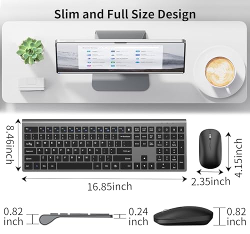 Full Size Slim Computer Keyboard and Mouse Wireless with 2.4Ghz Dongle | Silent Flat Keyboard and Optical Mouse, Sleek Design, Quiet Click, Invisible Light Design, for Laptop PC Desktop Windows Mac - color: KM480-Gray&Black