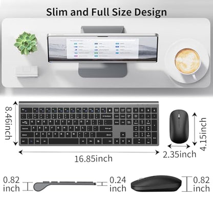 Full Size Slim Computer Keyboard and Mouse Wireless with 2.4Ghz Dongle | Silent Flat Keyboard and Optical Mouse, Sleek Design, Quiet Click, Invisible Light Design, for Laptop PC Desktop Windows Mac - color: KM480-Gray&Black