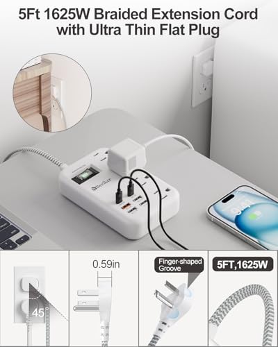 PD45W USB C Surge Protector Power Strip,6 USB Travel Extension Cord 5Ft | 45W,Travel Power Strip,6 USB (2 USB C),4 Outlets,5FT Braided Extension Cord,Flat Plug,Fast Charging for MacBook Laptops iPad - size: PD45W USB-5ft-980J