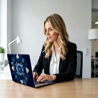 Navy Blue & White Leaf Mandala Universal Laptop Skin Sticker 3PCS, Protective Decal Trim-to-Fit 11.6" 13.3" 14" 15.6" Laptop Vinyl Cover, Removable Anti-Scratch Computer Decal Protector - color: Navy Blue & White Leaf Mandala