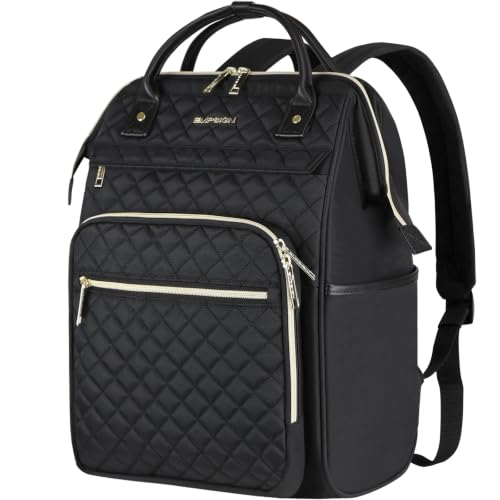 EMPSIGN 17 Inch Laptop Backpack for Women with Giant Tumbler Holder, Black | Computer Bag, Work Business Travel College, Large Capacity, Water-repellent, Quilted Casual Daypack - color: Quilted Black, size: 17 inch