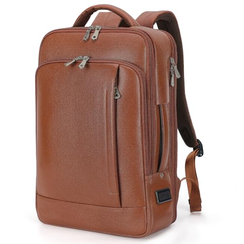 TIDING Expandable Genuine Leather 15.6 Inch Laptop Backpack for Men Women | TSA Approved Business Travel Backpack Water Resistant Office Commuter Daypack with USB Charging Port - color: Reddish Brown, size: Medium(15.6" laptop)