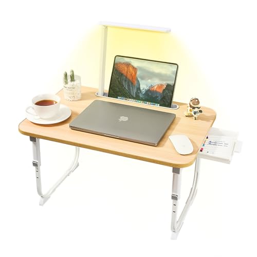 Laptop Desk for Bed Lap Desk with LED Desk Light, Adjustable Tablet Bed Table with Foldable Legs Storage Drawer, Breakfast Serving Tray Folding Laptop Stand Reading Holder for Sofa Couch Floor(Walnut) - color: Walnut