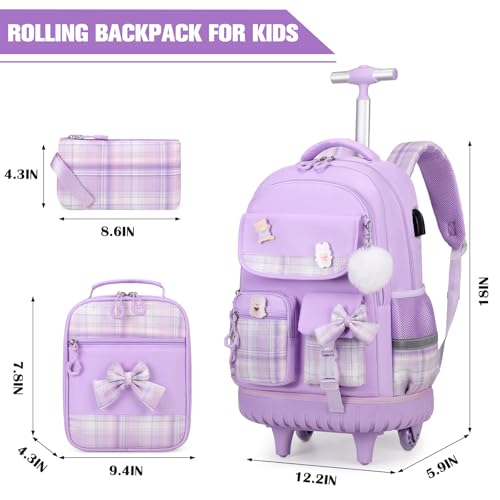 ACESAK Rolling Backpack for Girls - Roller Wheels School bag with Lunch Bag & Pencil Pouch for Teen Girls Kids Wheeled Suitcase Backpacks, Elementary Middle School Travel Daypack (Purple) - color: Purple