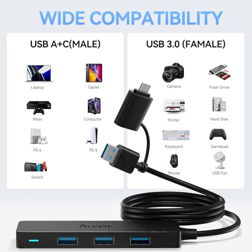 Aceele USB C/A Hub for Laptop, Ultra Slim USB Splitter 4 Port USB 3.0 Data Hub, Multi USB Port Expander with 4Ft Long Extension Cable for Desktop Mini PC,MacBook Air/Pro, iMac, PS5, Flash Drive - style: 4ft (A to C)