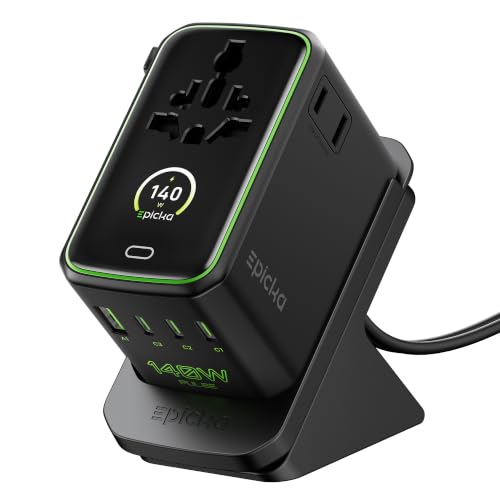 Epicka Pulse Duo 140W GoStand Universal Travel Adapter, 2AC/2USB-C/2USB-A | International Power Adapter with Desktop Stand & Smart Display, 3.28ft Cable , PD 3.1/PPS Fast Charging for MacBook/iPhone - style: Pulse Duo 140W with Desktop Stand