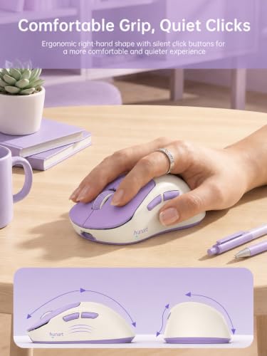 hunart H6 49g Wireless Mouse, Bluetooth & 2.4GHz, USB-C Charging, Purple | Silent Clicks, Two Ways to Connect, Right-Hand Ergonomic Comfort, Portable for Laptop, MacBook, PC & Tablet - color: Cream Purple