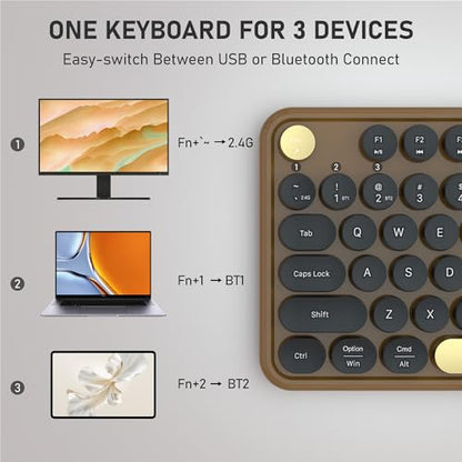 Colorful Wireless Bluetooth Keyboard (Black-Brown) | Connect Up to 3 Devices Simultaneously, 2.4GHz and Dual Mode Bluetooth Keyboard for PC, Laptop, Windows, Mac - color: Black-Brown