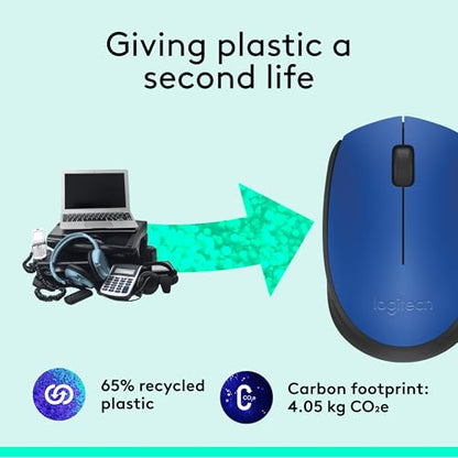 Logitech M170 Compact Ambidextrous 2.4 GHz Wireless Mouse - Blue | Ambidextrous mouse with 2.4 GHz USB-A Nano Receiver, Optical Tracking, 12-Months Battery Life, PC, Mac, Laptop compatible - color: Blue
