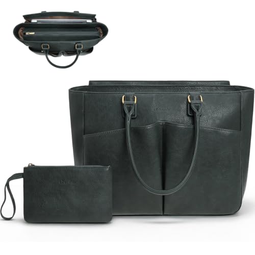 Laptop Tote Bag for Women, Leather Work Tote with Padded Laptop Compartment, Cup Holder, Office Computer Briefcase - color: Aspen Sage, size: 15.6inch