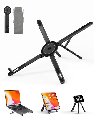 Viozon Portable Laptop Stand for Desk, Foldable Adjustable Computer Riser with Magnetic Phone Holder, Aluminum Laptop Stand for 10–16” Laptops & 4–13” Phones/Tablets (Black) - color: Black