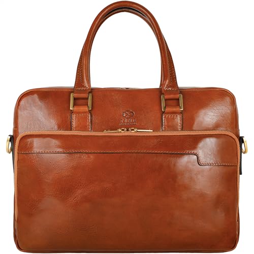 Time Resistance Leather Briefcase - Italian Handmade Leather Laptop Bag - Briefcase for Men and Women - Computer Bag - color: Cognac