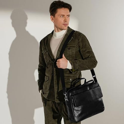 Time Resistance Leather Briefcase - Italian Handmade Leather Laptop Bag - Handbag for Men - Professional Computer Case - color: Black