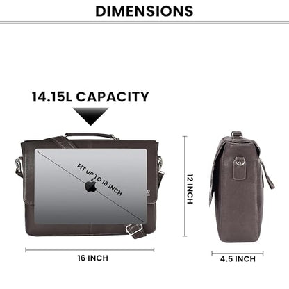 Leather Messenger Bag for Men & Women, 16'' Handmade Laptop Briefcase Satchel, Crossbody Shoulder Office Bag for Work, Travel - color: Dark Brown