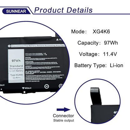 97Wh XG4K6 Battery for Dell XPS 17 9700 9710 9720 9730 Precision 5750 | 6-Cell 11.4V 8071mAh; Battery Replacement for Dell Precision 5760 5770 P92F P92F001 P92F003; 01RR3 001RR3 F8CPG KVPMY KRDHV - size: 13.03*2.75*0.34 inches XG4K6