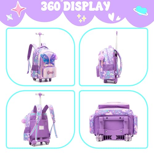 Meetbelify Girls Rolling Backpack with Wheels for Kids 3D Butterfly School Roller Backpack,Carry on Travel Luggage with Lunch Bag and Pencil Case for Girls Ages 5-12 - color: 01 Butterfly