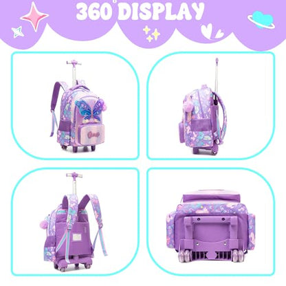 Meetbelify Girls Rolling Backpack with Wheels for Kids 3D Butterfly School Roller Backpack,Carry on Travel Luggage with Lunch Bag and Pencil Case for Girls Ages 5-12 - color: 01 Butterfly