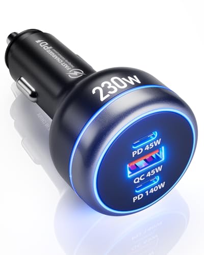 230W USB C Fast Car Charger PD140W/PPS63W/QC45W, 3-Ports Mutiple Car Charger Adapter, 12-24V Cigarette Lighter Adapter, Fast Charging for iPhone/MacBook/iPad/Laptop/Samsung/Pixel/Android