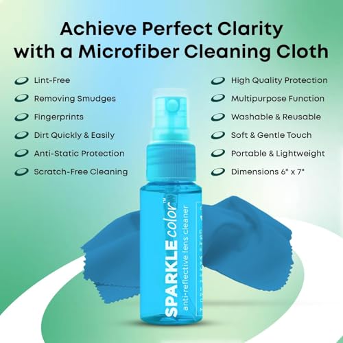 Sparkle Anti-Reflective Safe Lens Cleaner Spray Kit - (4) 1oz Glasses Cleaner Spray, (4) Microfiber Cleaning Cloth & (1) Travel Pouch for Eyeglasses, Lenses & Camera Cleaning Kit - 9 Piece Set