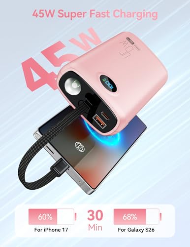 DIAMUAR Portable Charger 20000mAh 45W, Built in USB C Cable, 3W Flashlight | Fast Charging, Digital Display, 3 Ports, All-Day Power, Travel-Ready, for iPhone 17/16/15, Tablet, Laptop, Camping Essentials - color: Pink