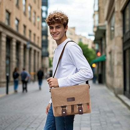 Messenger Bag for men Laptop Bag UnisexRetro Canvas Bag14-15.6 inches Casual single shoulder bag For Work College Travel - color: S-brown
