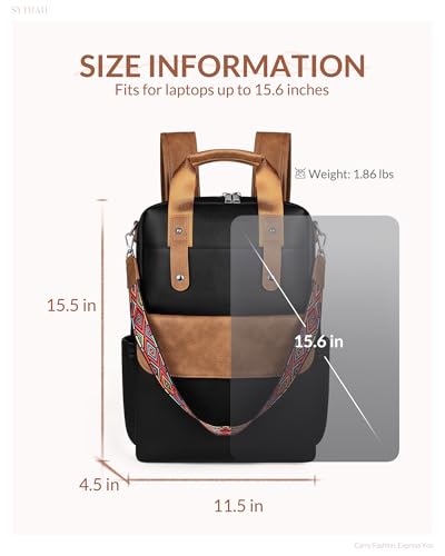 Leather Laptop Backpack 15.6 inch Womens Computer Bag Brown | 3-in-1 laptop purse: Dedicated 15.6" Compartment, 7-Pocket Organizer, Colorful Shoulder Strap, Work & Travel Ready - color: Black Brown